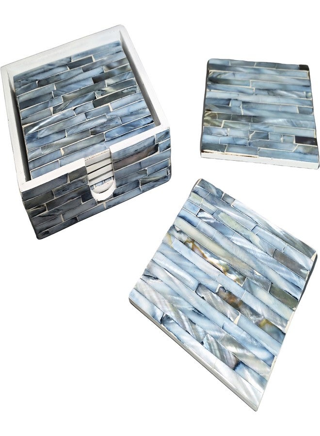 i-lan Square Blue Coasters Set of 6 Mother of Pearl Inlay and Wood Base in Brick Design 4x4Inch Modern Mediterranean Table Decor Artistic Drink Pads - Image 1